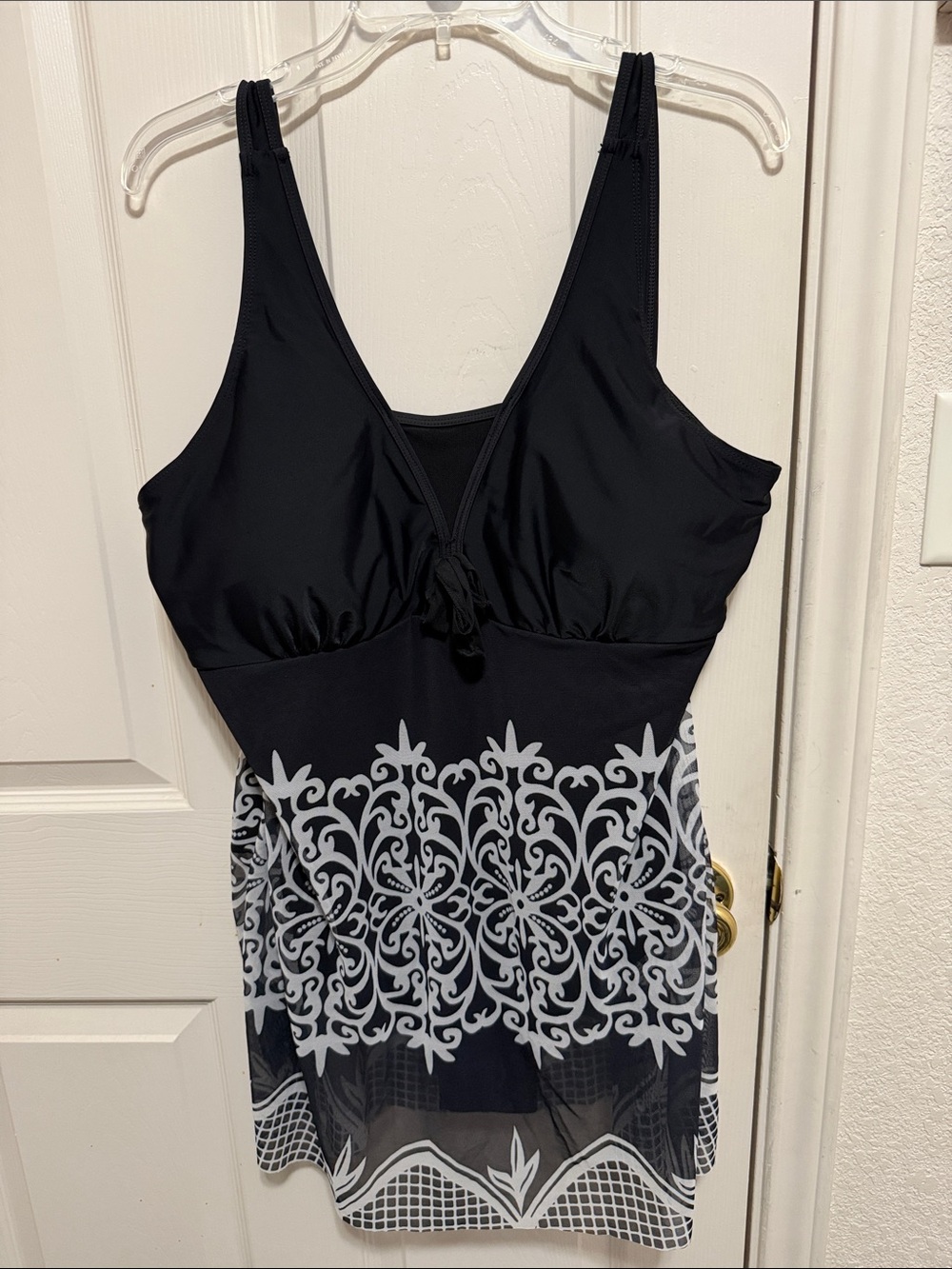 Black Swimdress with White Scroll Print